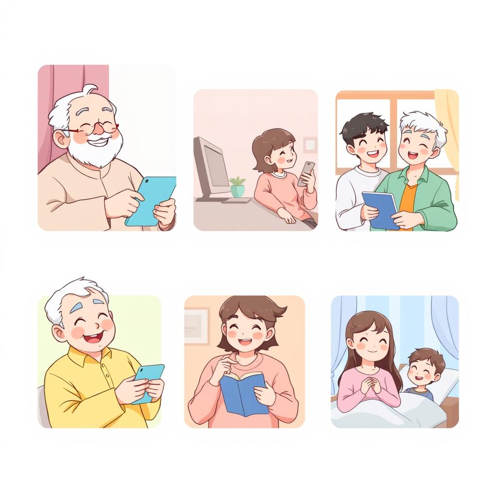 A charming pastel-colored anime-style illustration depicting a long-distance family happily engaging in video calls