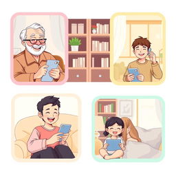 A charming pastel-colored anime-style illustration depicting a long-distance family happily engaging in video calls