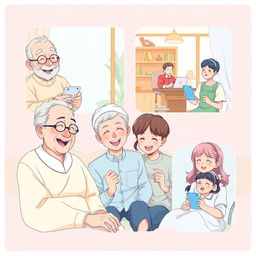 A charming pastel-colored anime-style illustration depicting a long-distance family happily engaging in video calls