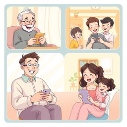 A charming pastel-colored anime-style illustration depicting a long-distance family happily engaging in video calls