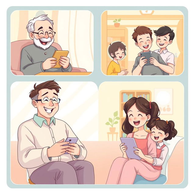 A charming pastel-colored anime-style illustration depicting a long-distance family happily engaging in video calls