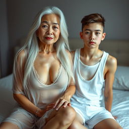 An attractive 50-year-old Asian woman with a face showing mature wrinkles yet maintaining a sexy aura