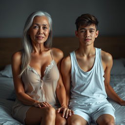 An attractive 50-year-old Asian woman with a face showing mature wrinkles yet maintaining a sexy aura