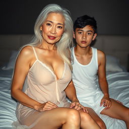 An attractive 50-year-old Asian woman with a face showing mature wrinkles yet maintaining a sexy aura