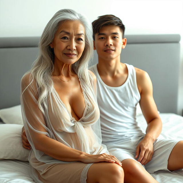 An attractive 60-year-old Asian woman with wrinkles on her face, showcasing timeless beauty and a sexy allure