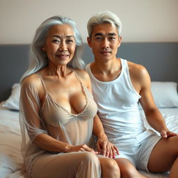 An attractive 60-year-old Asian woman with wrinkles on her face, showcasing timeless beauty and a sexy allure