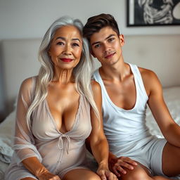 An attractive 60-year-old Asian woman with wrinkles on her face, showcasing timeless beauty and a sexy allure
