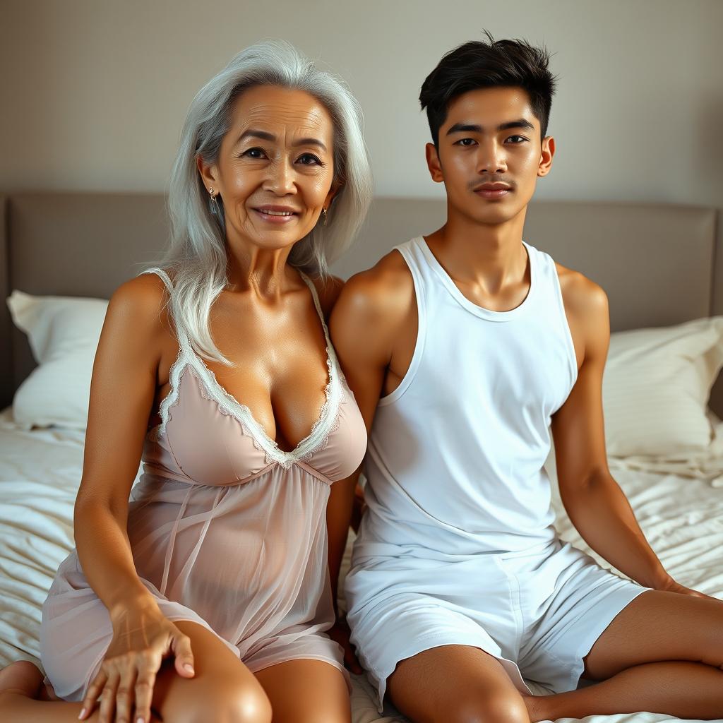 An attractive 60-year-old Asian woman with wrinkles on her face, showcasing timeless beauty and a sexy allure