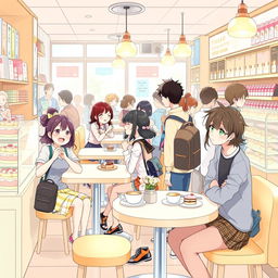 A vibrant anime-style illustration set inside a bustling cake shop, filled with delightful desserts and a warm atmosphere