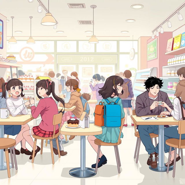 A vibrant anime-style illustration set inside a bustling cake shop, filled with delightful desserts and a warm atmosphere