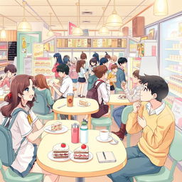 A vibrant anime-style illustration set inside a bustling cake shop, filled with delightful desserts and a warm atmosphere