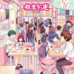 A vibrant anime-style illustration set inside a bustling cake shop, filled with delightful desserts and a warm atmosphere