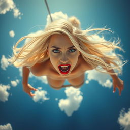 A sexy blonde lady with striking blue eyes and bold red lips, elegantly falling from the sky