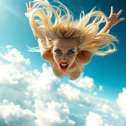A sexy blonde lady with striking blue eyes and bold red lips, elegantly falling from the sky