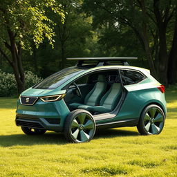 A futuristic concept car design featuring a Seat hatchback that embodies ecology and innovation