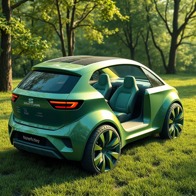 A futuristic concept car design featuring a Seat hatchback that embodies ecology and innovation