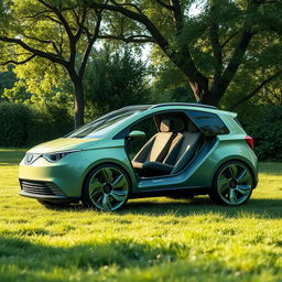 A futuristic concept car design featuring a Seat hatchback that embodies ecology and innovation