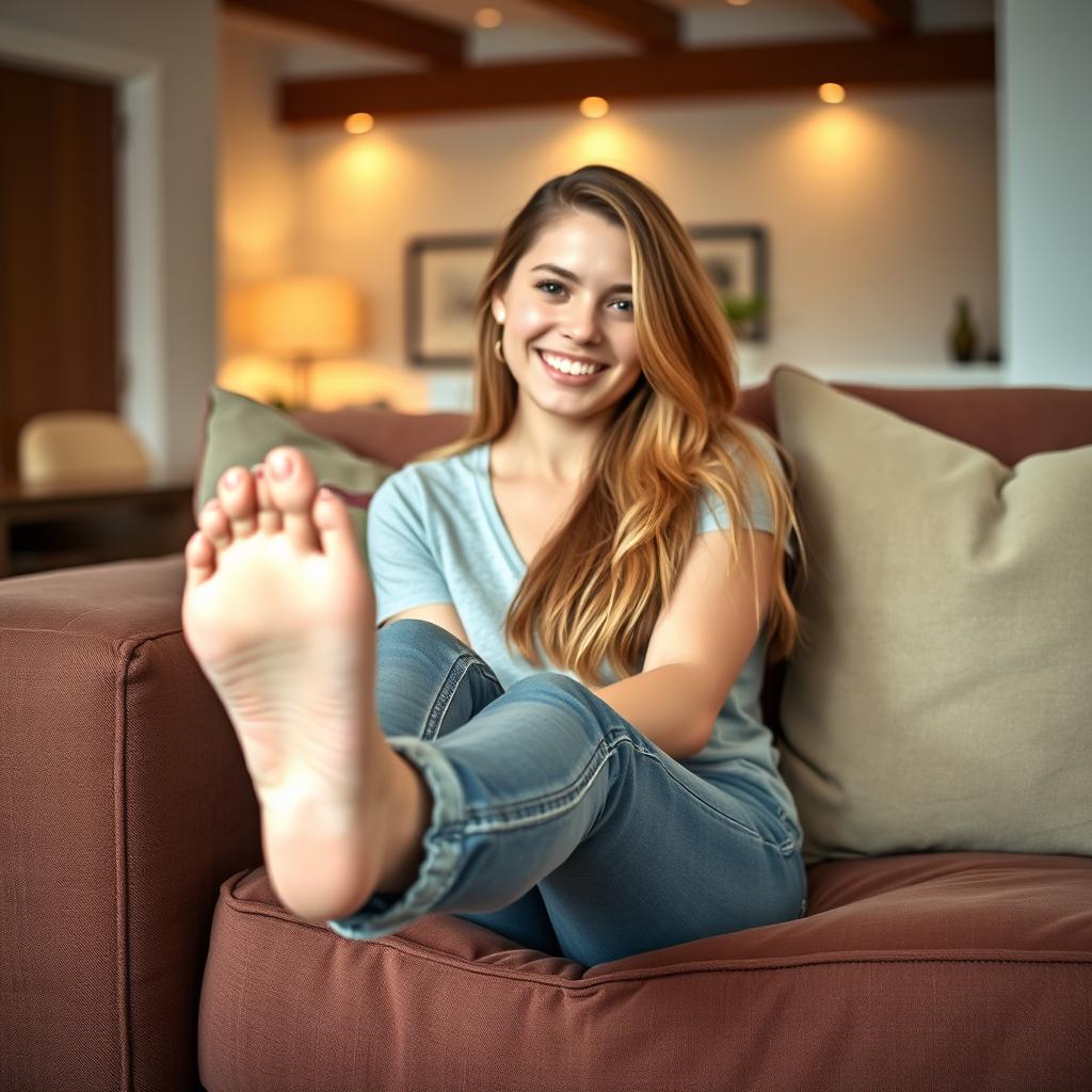 A young 18-year-old woman sitting on a stylish couch, with her bare feet resting comfortably on the arm of the couch