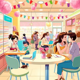 A vibrant digital art scene inside a bustling cake shop