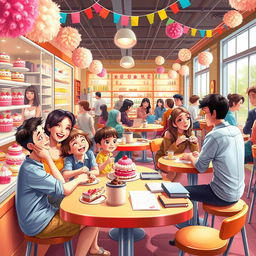 A vibrant digital art scene inside a bustling cake shop