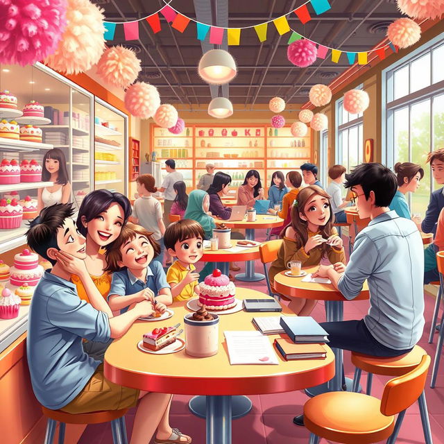 A vibrant digital art scene inside a bustling cake shop