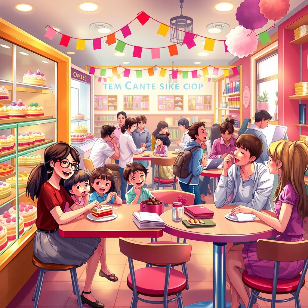 A vibrant digital art scene inside a bustling cake shop