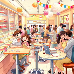 A vibrant digital art scene inside a bustling cake shop