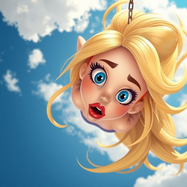 A beautiful blonde cartoon lady with bright blue eyes and striking red lips, falling from the sky