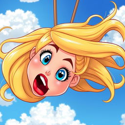 A beautiful blonde cartoon lady with bright blue eyes and striking red lips, falling from the sky