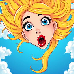 A beautiful blonde cartoon lady with bright blue eyes and striking red lips, falling from the sky