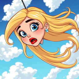 A beautiful blonde cartoon lady with bright blue eyes and striking red lips, falling from the sky