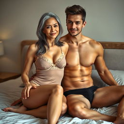 An attractive Asian woman in her 50s with long grey hair and a slim, tall figure, showing age with beautiful wrinkles on her face