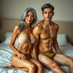 An attractive Asian woman in her 50s with long grey hair and a slim, tall figure, showing age with beautiful wrinkles on her face