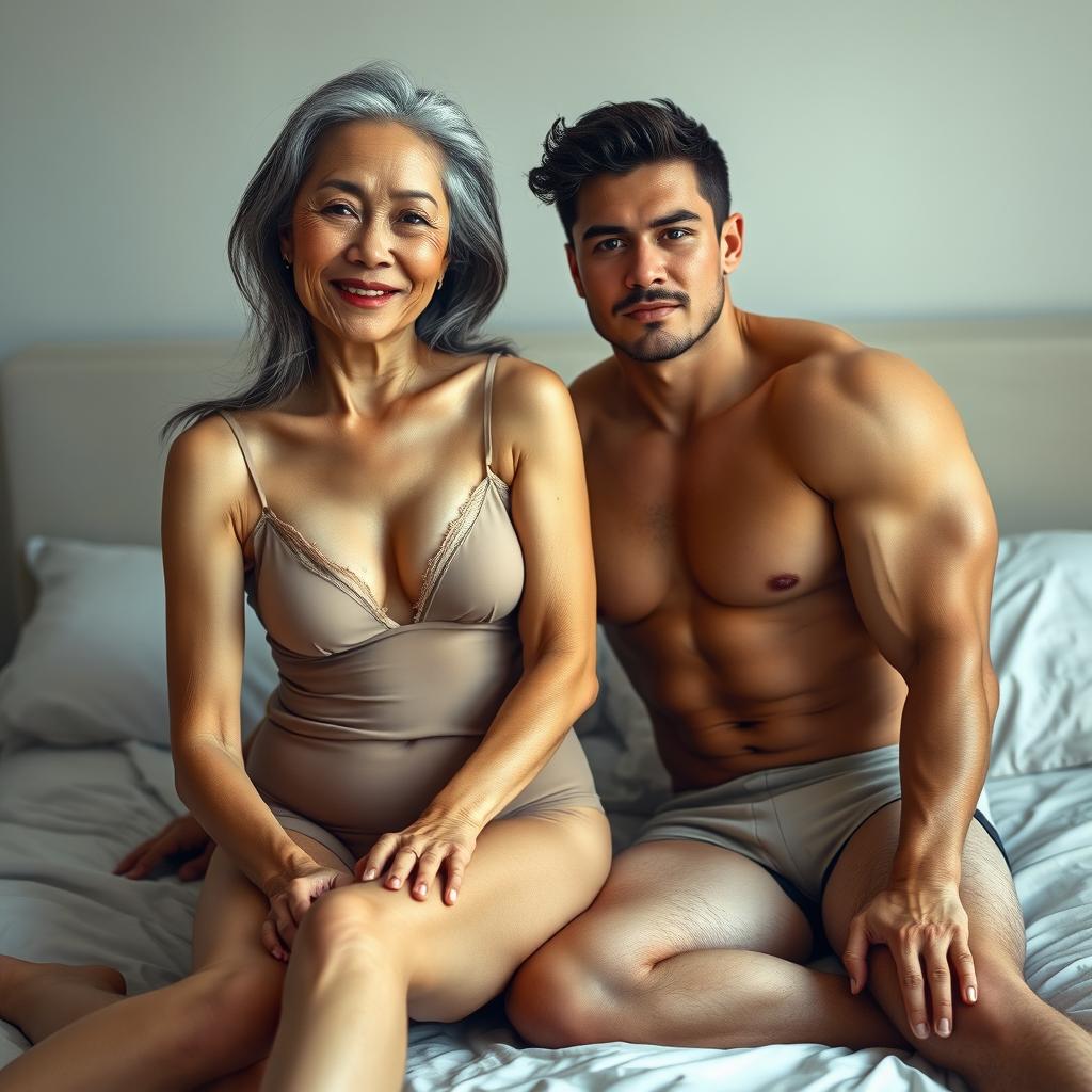 An attractive Asian woman in her 50s with long grey hair and a slim, tall figure, showing age with beautiful wrinkles on her face