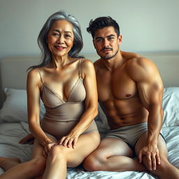 An attractive Asian woman in her 50s with long grey hair and a slim, tall figure, showing age with beautiful wrinkles on her face