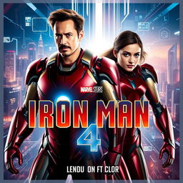 An electrifying movie poster for "Iron Man 4 (2025)", featuring Robert Downey Jr