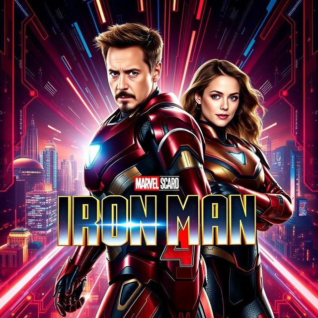 An electrifying movie poster for "Iron Man 4 (2025)", featuring Robert Downey Jr