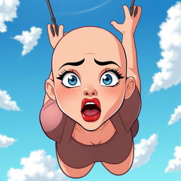 A beautiful bald cartoon lady with striking blue eyes and vibrant red lips, depicted in a dynamic pose as she falls from the sky