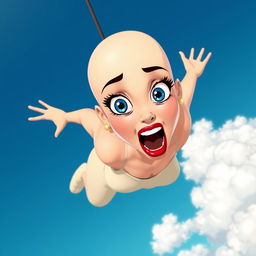 A beautiful bald cartoon lady with striking blue eyes and vibrant red lips, depicted in a dynamic pose as she falls from the sky