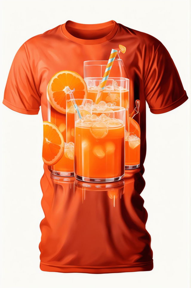 The image depicts a bold orange graphic tee with a detailed print of orange juice