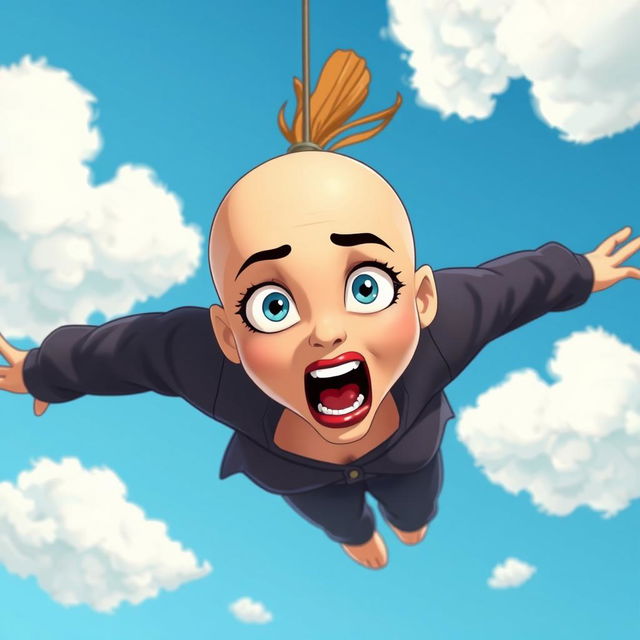 A beautiful bald cartoon lady with striking blue eyes and vibrant red lips, depicted in a dynamic pose as she falls from the sky