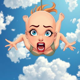A beautiful bald cartoon lady with striking blue eyes and vibrant red lips, depicted in a dynamic pose as she falls from the sky
