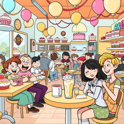 A lively cartoon scene inside a whimsical cake shop filled with colorful and exaggerated pastries