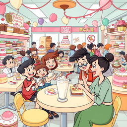 A lively cartoon scene inside a whimsical cake shop filled with colorful and exaggerated pastries