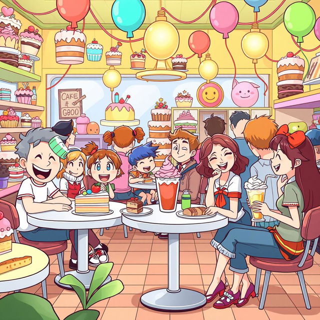 A lively cartoon scene inside a whimsical cake shop filled with colorful and exaggerated pastries