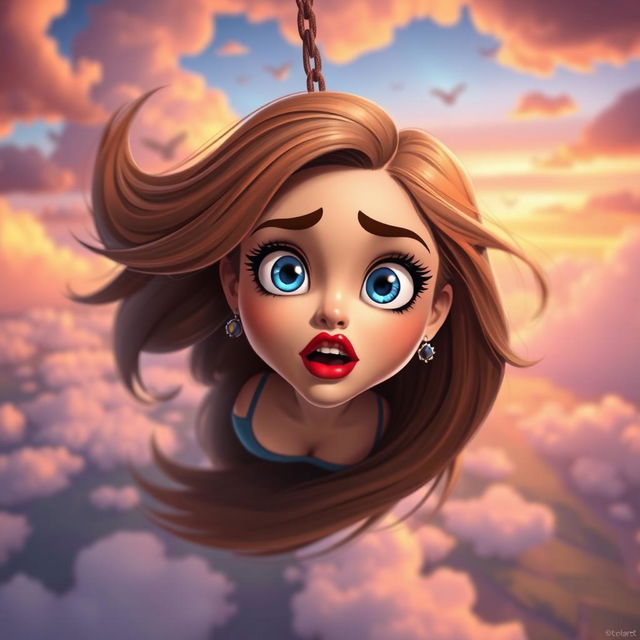 A beautiful Georgian cartoon lady with vibrant blue eyes and striking red lips is falling from a vivid sky