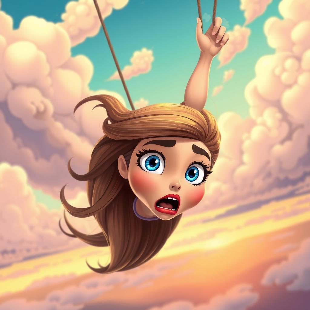 A beautiful Georgian cartoon lady with vibrant blue eyes and striking red lips is falling from a vivid sky