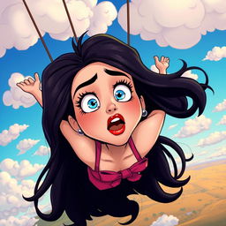 A beautiful Georgian cartoon lady with vibrant blue eyes and striking red lips is falling from a vivid sky