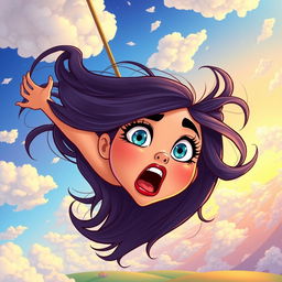 A beautiful Georgian cartoon lady with vibrant blue eyes and striking red lips is falling from a vivid sky