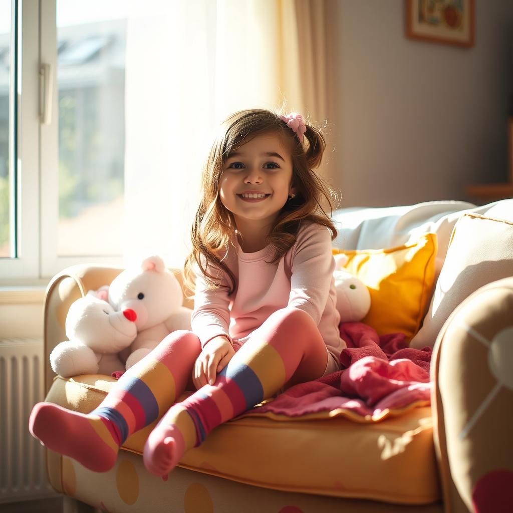 A cozy living room scene featuring a little girl sitting on a couch, wearing colorful pantyhose